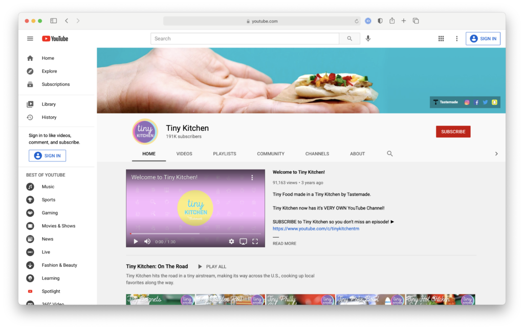 Screenshot of YouTube Channel Tiny Kitchen